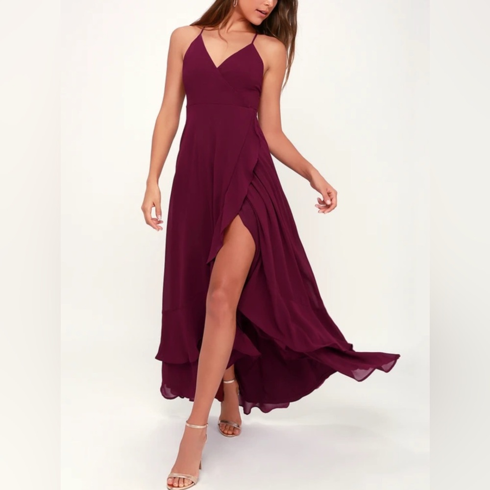 Lulus - NWT women's In Love Forever plum lace up high low Maxi Shiffon Dress XS - Picture 5 of 12